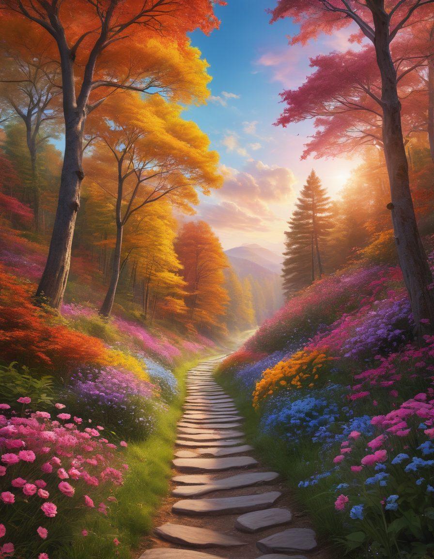 A serene landscape depicting a winding path through a vibrant forest, symbolizing the journey of cancer patients. Along the path, highlight essential resources such as supportive hands, informational books, and blooming flowers representing hope. The sky should be a mix of warm colors, evoking a sense of tranquility and resilience. The scene should radiate positivity and encouragement. super-realistic. vibrant colors. uplifting atmosphere.